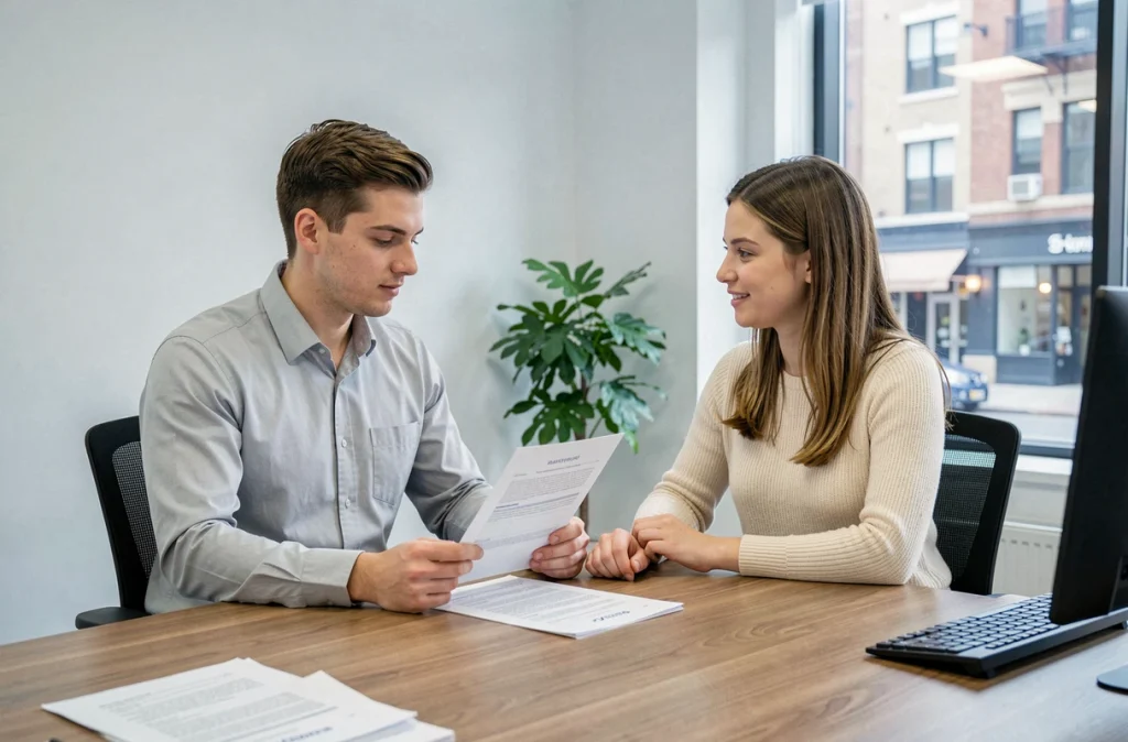 Jeune conducteur et agent d'assurance examinant ensemble un contrat d'assurance tous risques dans une agence moderne
