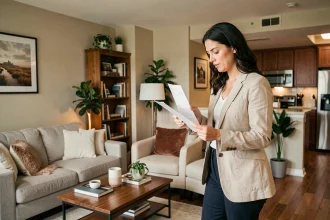 Femme examinant un contrat de location meublée dans un appartement moderne et décoré