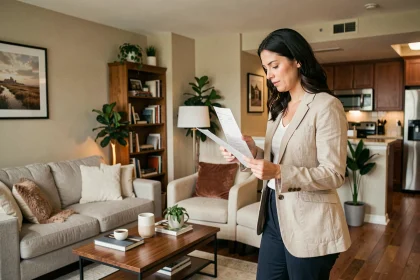 Femme examinant un contrat de location meublée dans un appartement moderne et décoré