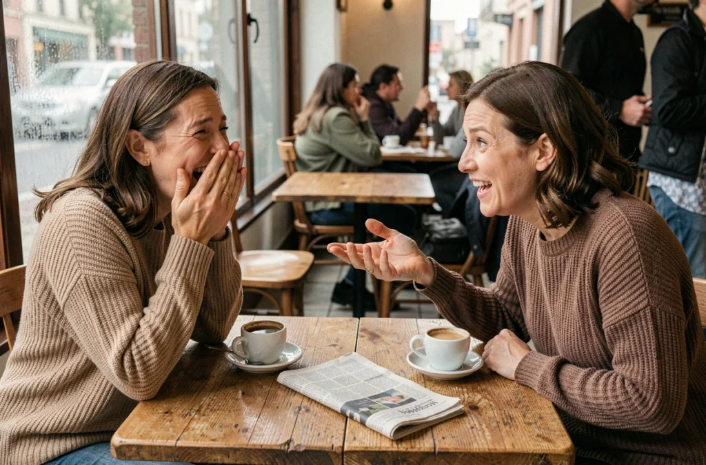 Deux femmes dans un café riant d'une blague d'humour noir partagée autour d'un café