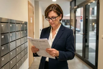 Copropriétaire féminine consultant le règlement de copropriété dans le couloir d'un immeuble résidentiel moderne