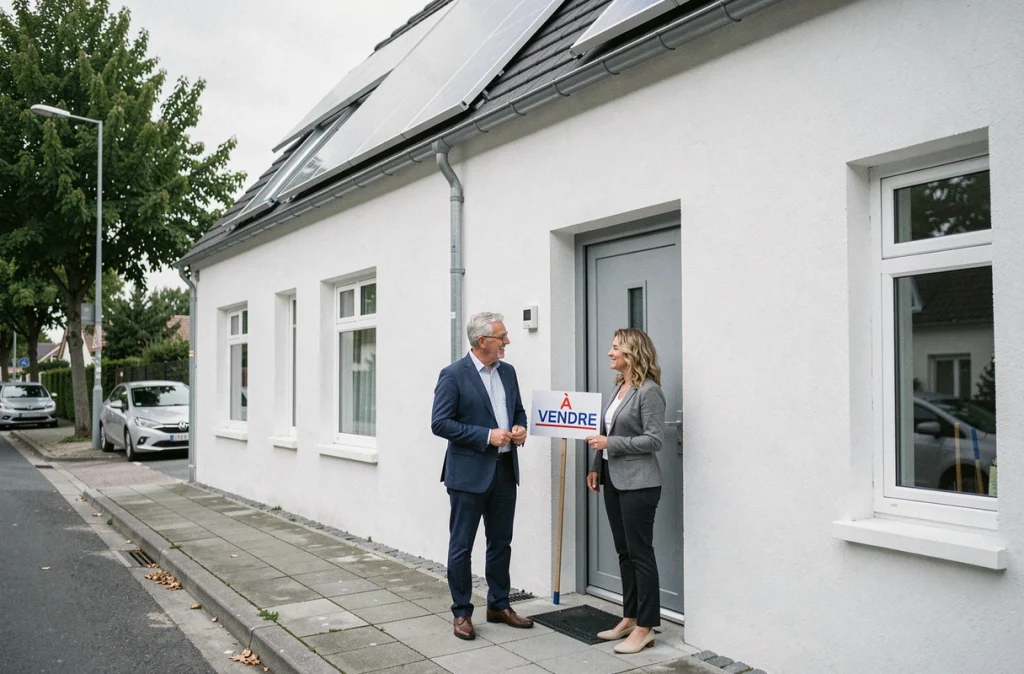 Couple discutant avec un agent immobilier devant une maison de ville rénovée sur le plan énergétique mise en vente