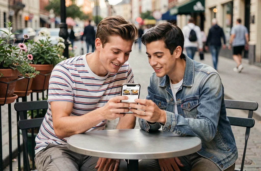 Couple de jeunes adultes consultant ensemble une application de livraison de repas sur smartphone en terrasse de café en plein air