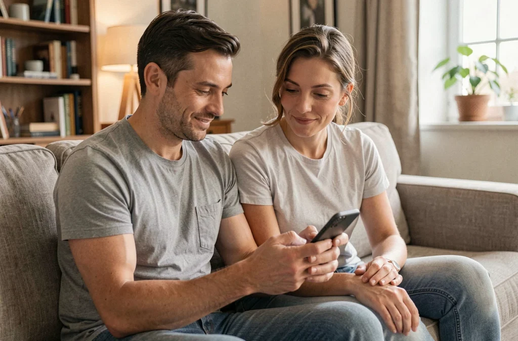 Couple utilisant un smartphone pour changer de banque en ligne depuis leur domicile