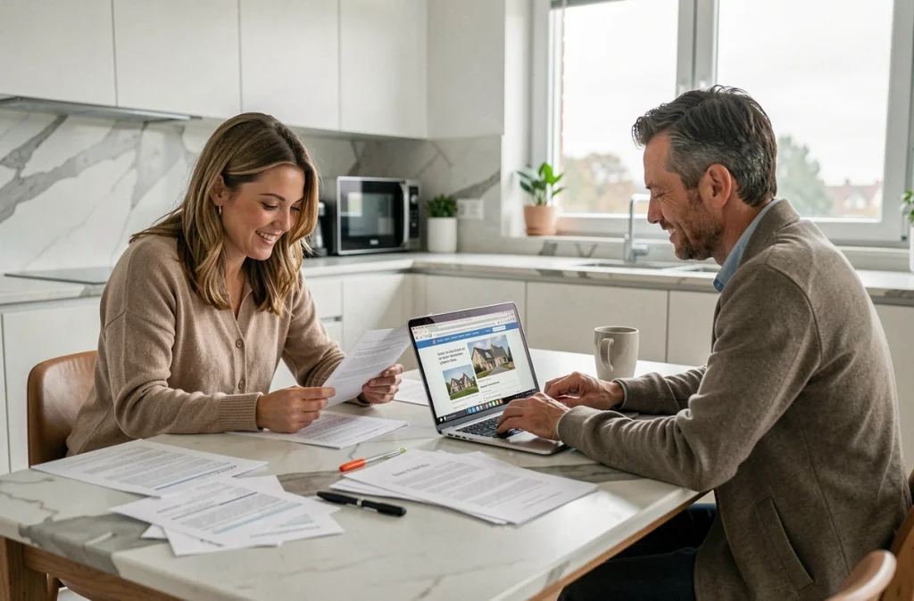 Couple étudiant les dispositifs de défiscalisation immobilière sur ordinateur à domicile