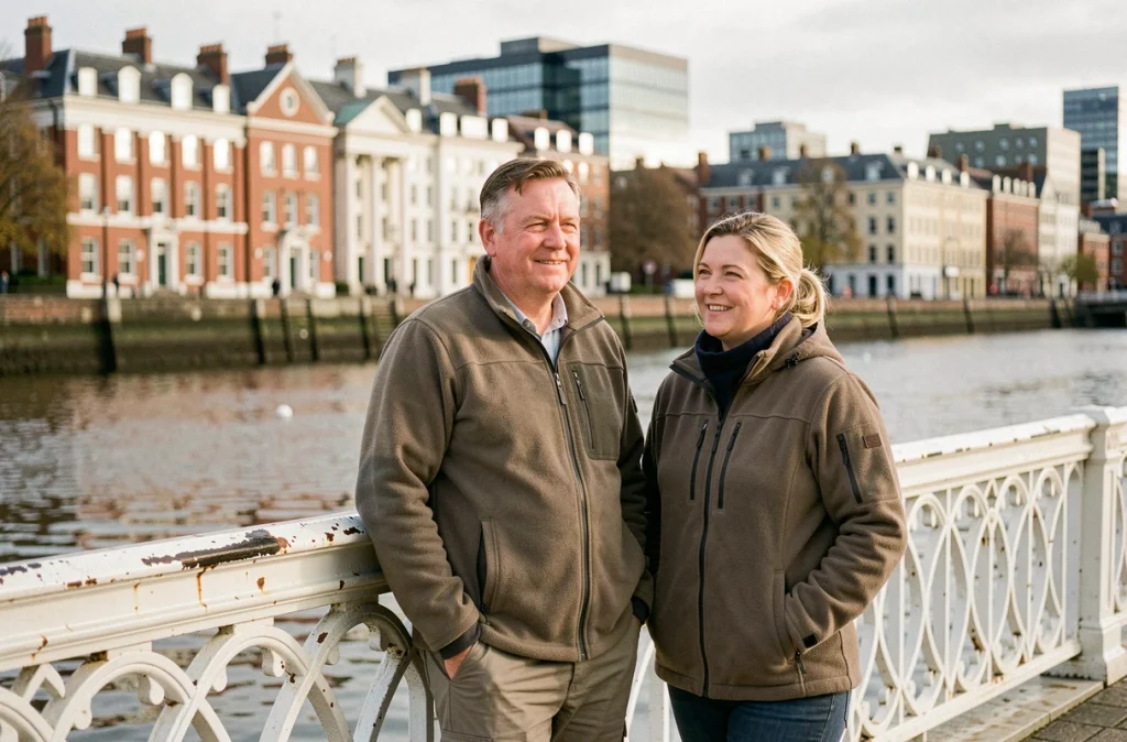 Couple irlandais d'âge moyen sur le Ha'penny Bridge de Dublin avec la skyline de la ville en arrière-plan