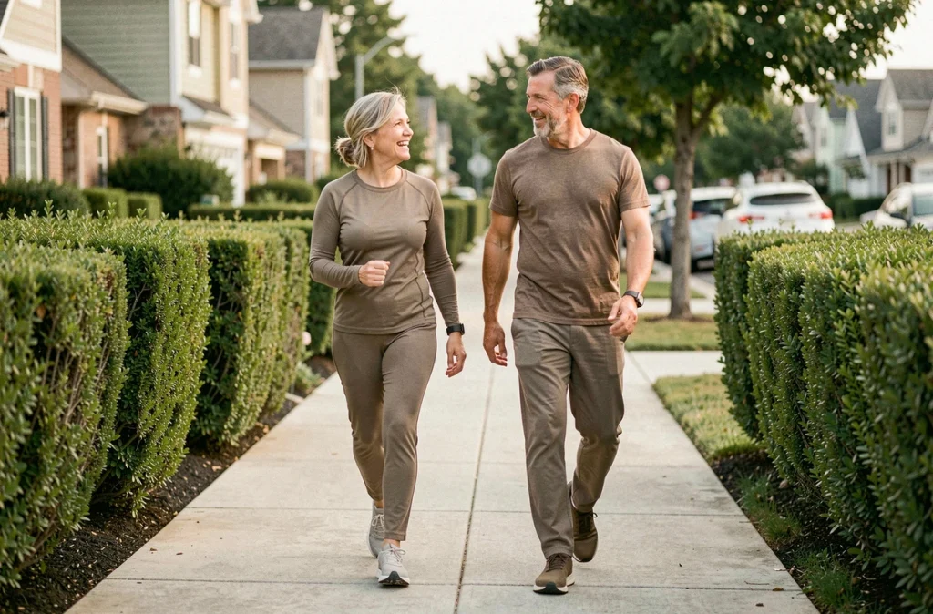 Couple d'âge moyen pratiquant la marche rapide ensemble dans un quartier résidentiel, soulignant les bienfaits quotidiens de l'exercice cardio pour la santé du cœur