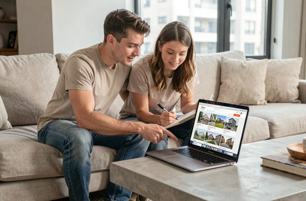 Couple recherchant un appartement en ligne ensemble sur un ordinateur portable dans leur salon