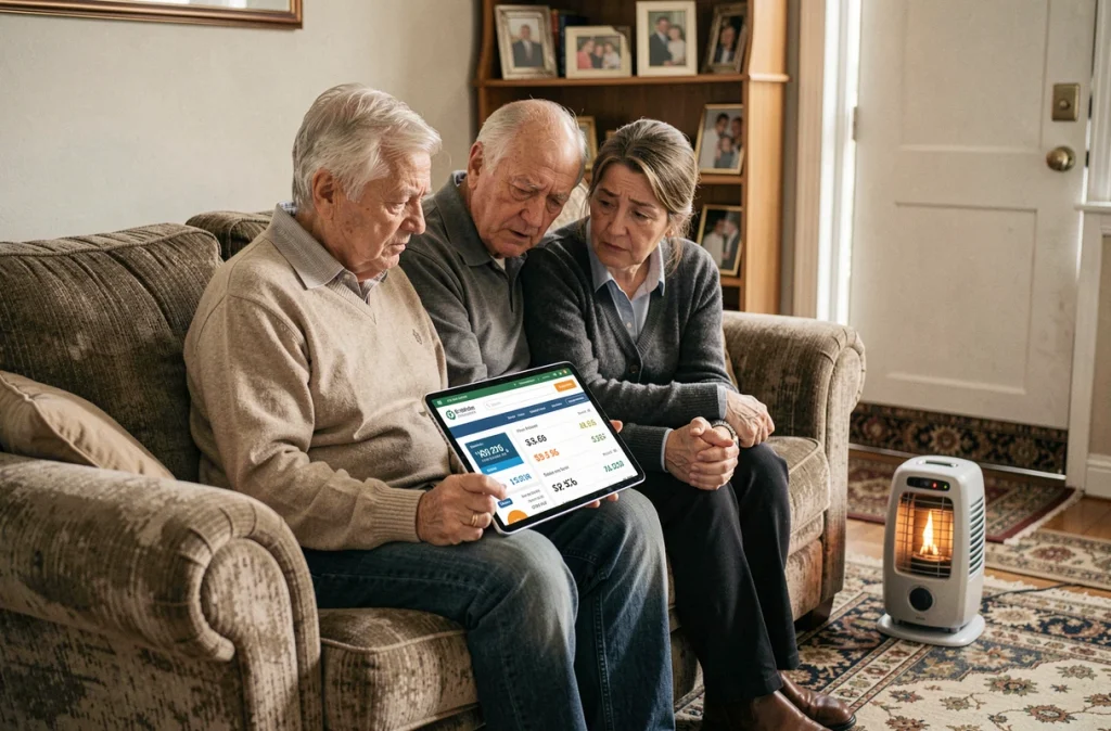 Couple de retraités comparant les offres d'énergie sur tablette dans leur salon face à la hausse des prix