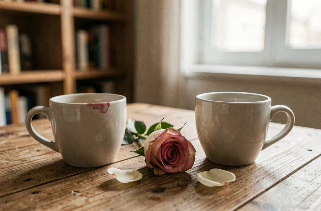 Deux tasses de café vides avec une rose fanée sur une table en bois, image symbolique d'une relation amoureuse incertaine ou d'une séparation de couple