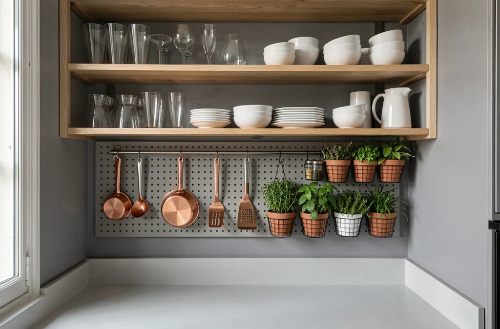 Cuisine compacte avec panneau pegboard et étagères empilées exploitant chaque centimètre de mur vertical