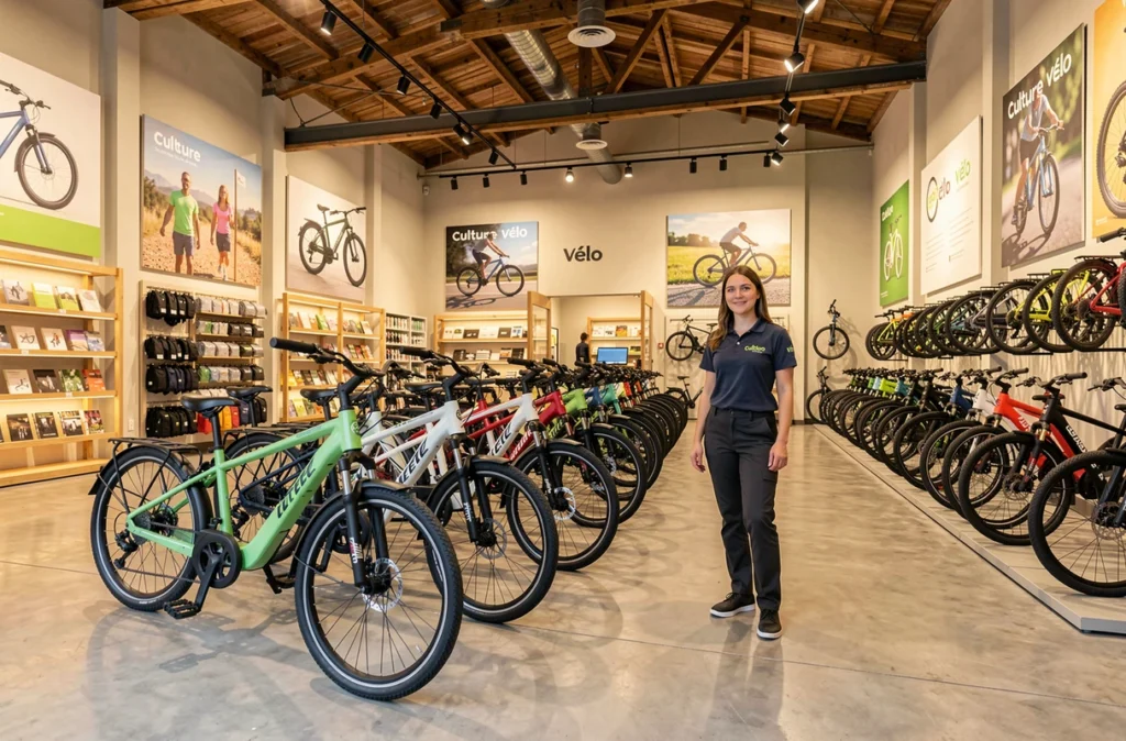 Vendeuse de Culture Vélo Bonneuil devant une rangée de vélos électriques exposés en magasin