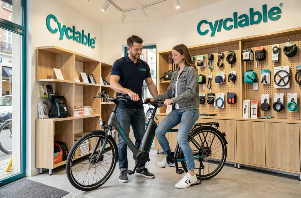 Conseiller de la boutique Cyclable de Champigny-sur-Marne aidant une cliente à essayer un vélo électrique urbain