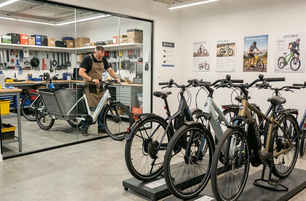 Technicien effectuant une révision sur un vélo électrique cargo dans l'atelier de Cyclable Maisons-Alfort