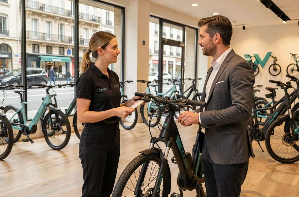 Employée du magasin Cyclable Saint-Mandé présentant un vélo électrique haut de gamme à un client