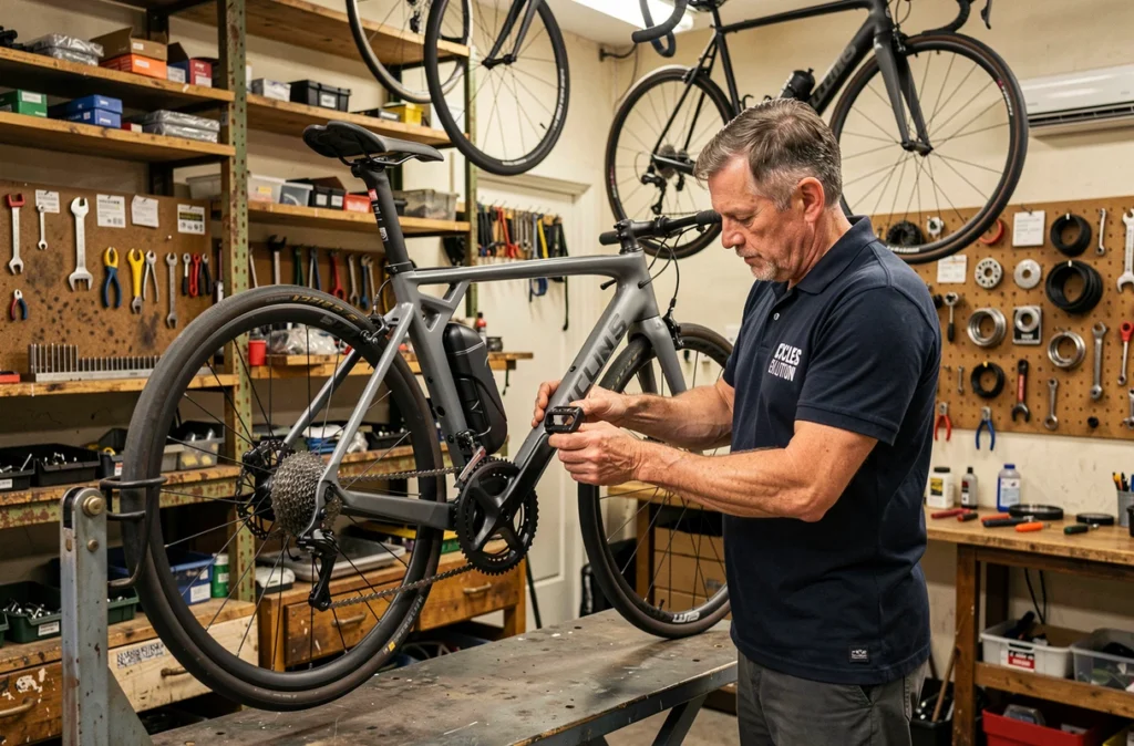 Technicien expérimenté de Cycles Evolution réglant un dérailleur sur un vélo électrique de route en atelier
