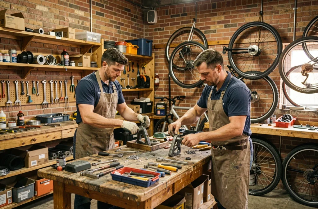 Mécaniciens de la Cyclofficine d'Ivry-sur-Seine réparant des vélos électriques dans un atelier coopératif