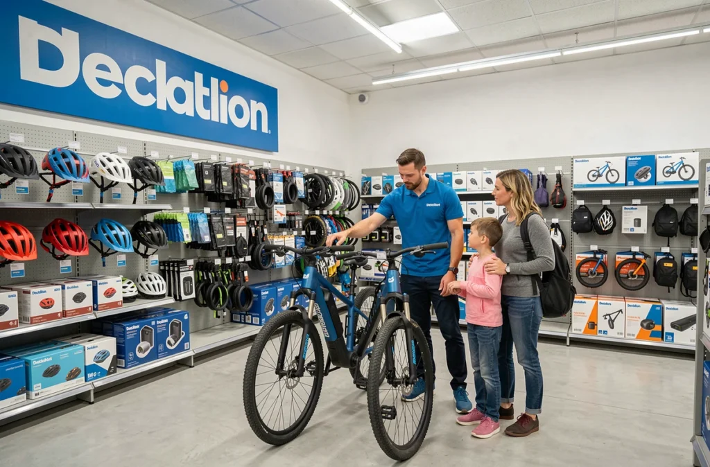 Employé Decathlon de Vitry-sur-Seine conseillant un couple sur un vélo électrique dans le rayon cycle