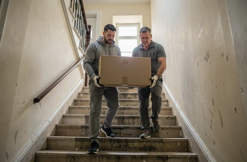 Deux déménageurs portant un carton dans l'escalier d'un immeuble parisien lors d'un déménagement