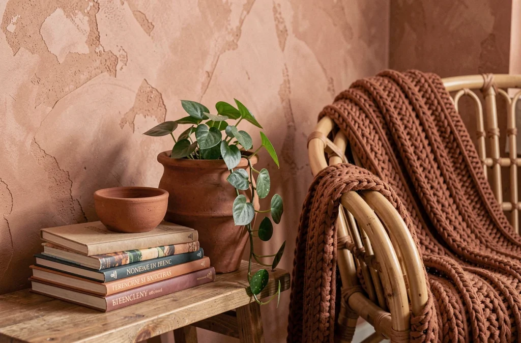 Détail décoratif d'un coin salon terracotta avec poterie en grès, plante verte et plaid en laine cannelle sur fauteuil en rotin