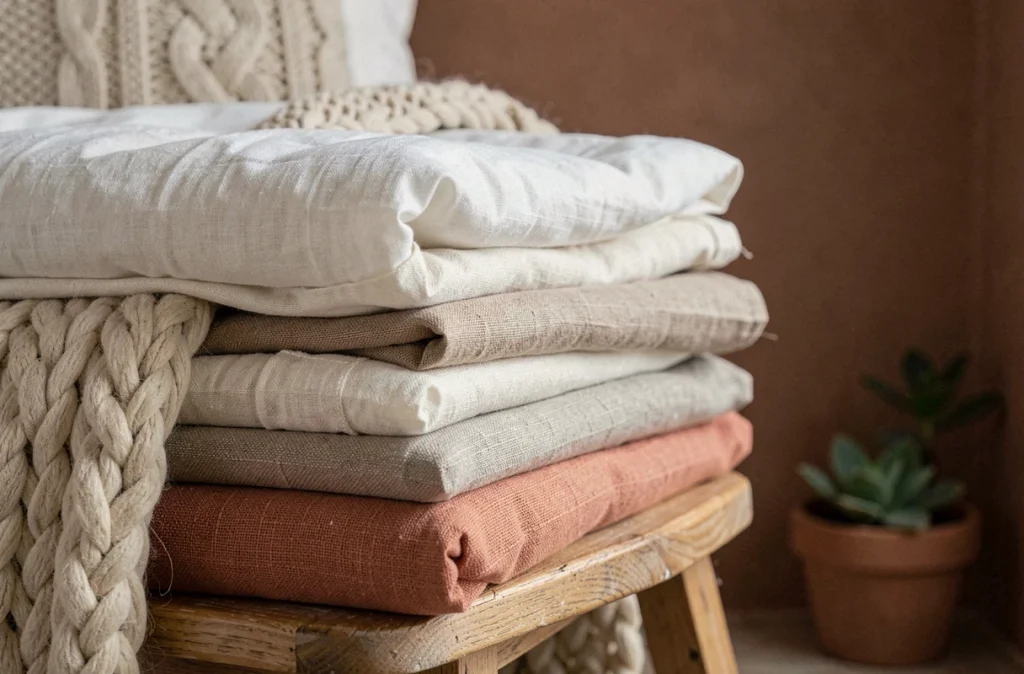Gros plan sur des piles de linge de lit en matières naturelles — coton percale, lin lavé et jeté en laine — en tons crème, taupe et terracotta sur un tabouret en bois