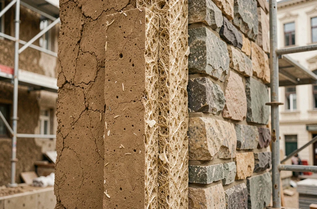 Détail d'un mur de construction écologique combinant pisé, composite de mycélium et pierre de récupération avec textures naturelles visibles
