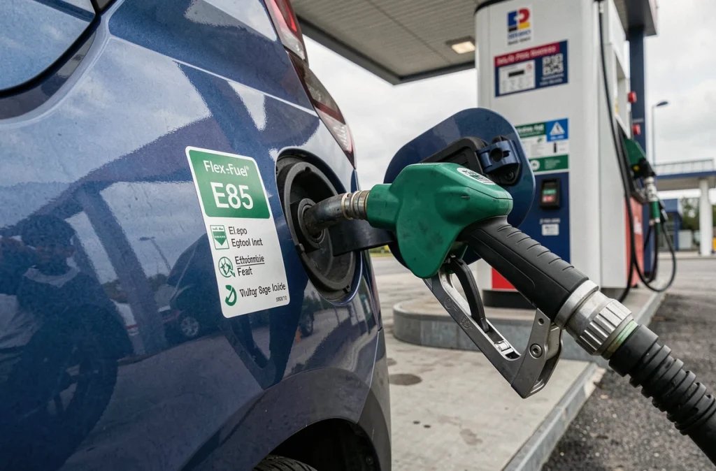 Détail de la trappe à carburant éthanol E85 sur un véhicule flex-fuel français
