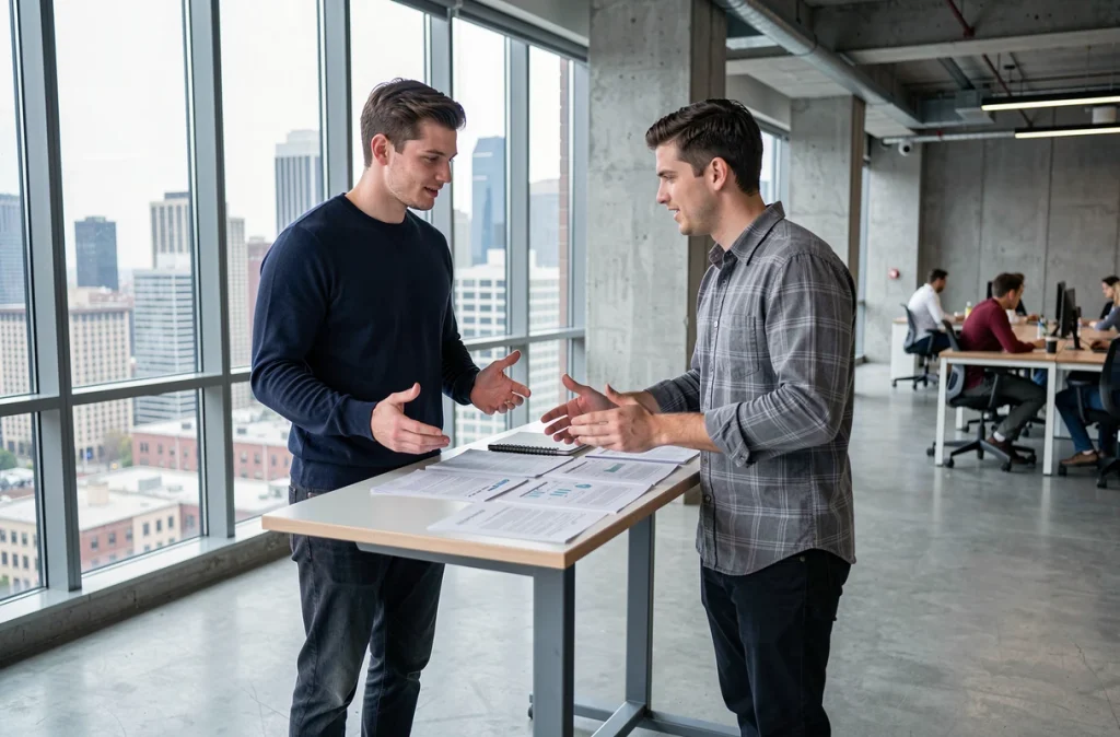 Deux jeunes entrepreneurs discutant de documents dans un espace de coworking avec vue sur la ville à travers de grandes fenêtres industrielles