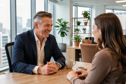 Dirigeant d'entreprise en conversation bienveillante avec une collègue dans un bureau moderne, illustrant le bien-être au travail