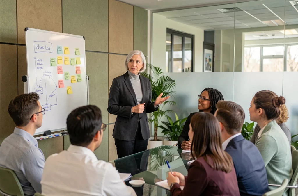 Dirigeante présentant une stratégie de bien-être à son équipe dans une salle de réunion contemporaine