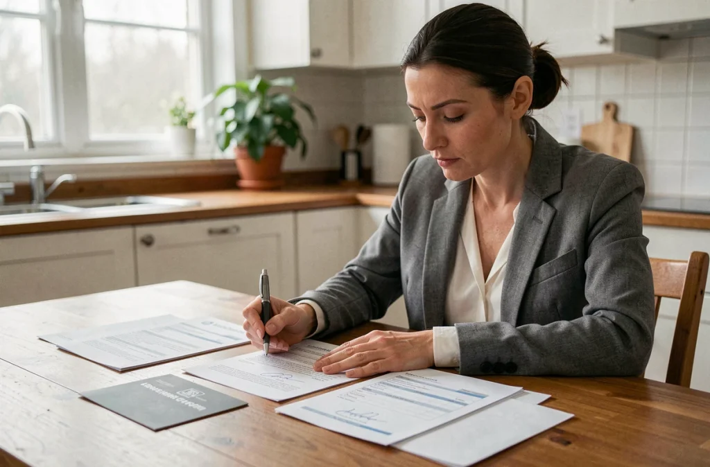 Femme préparant les documents administratifs nécessaires pour vendre une voiture d'occasion