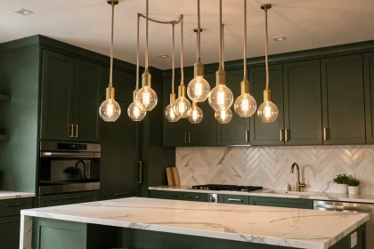 Cuisine moderne avec éclairage modulable suspendu au-dessus d'un îlot en marbre blanc et armoires vert forêt