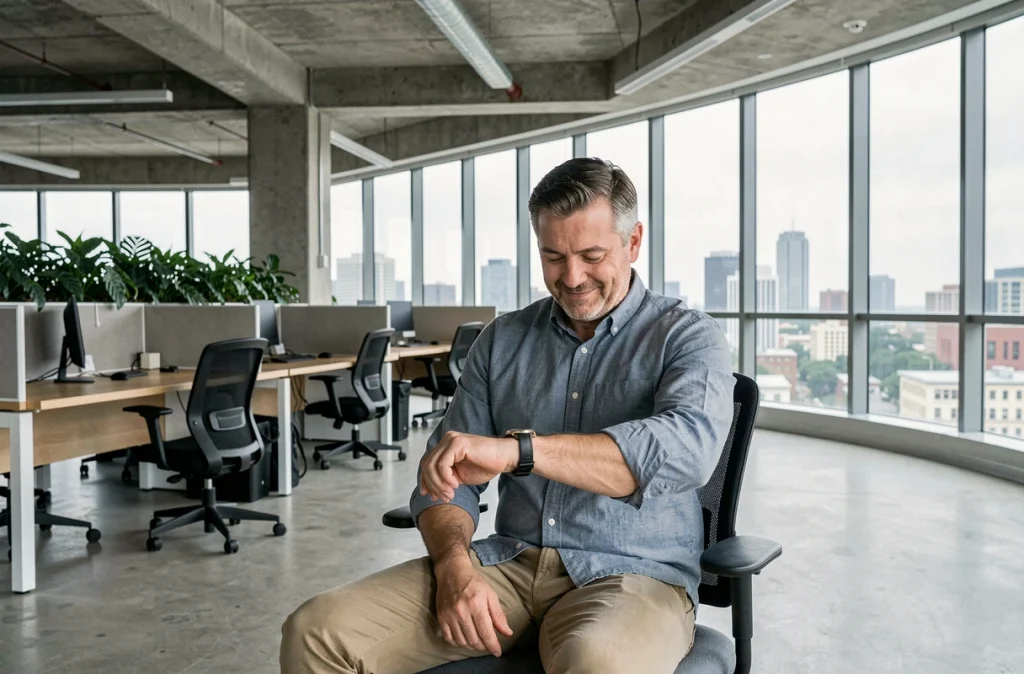 Employé détendu dans un espace de bureau moderne à horaires flexibles, regardant sa montre avec satisfaction dans un open space contemporain