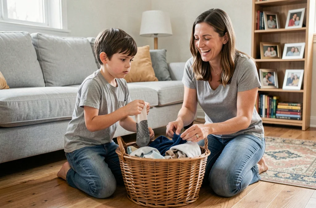 Garçon et sa mère triant le linge ensemble avec bonne humeur dans le salon