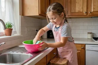 Jeune fille faisant la vaisselle avec enthousiasme dans une cuisine familiale lumineuse