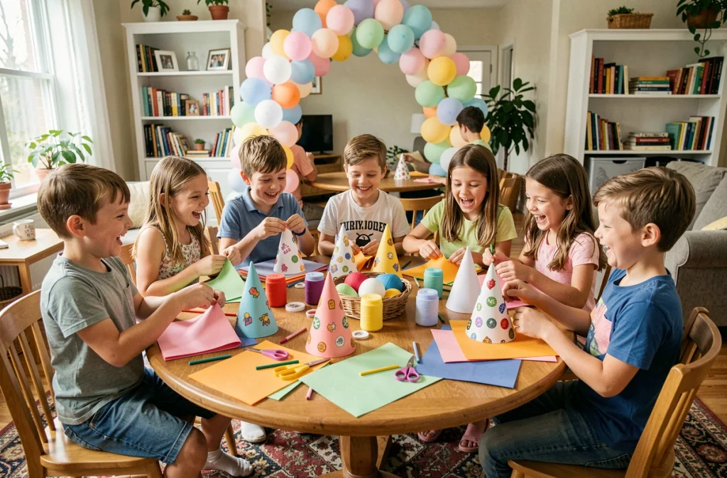 Enfants réunis autour d'une table en train de fabriquer des chapeaux de fête lors d'un anniversaire à la maison