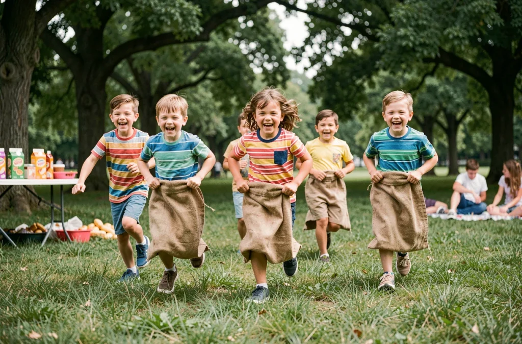 Enfants participants à une course en sac dans un parc lors d'une journée jeux de plein air organisée en famille