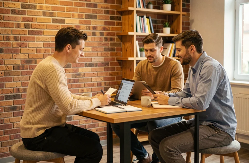 Petite équipe de professionnels collaborant de manière informelle autour d'un ordinateur portable dans un espace détente d'entreprise, symbolisant la culture participative