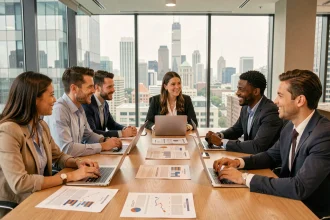 Équipe multiculturelle et mixte de professionnels en réunion d'entreprise autour d'une table de conférence moderne