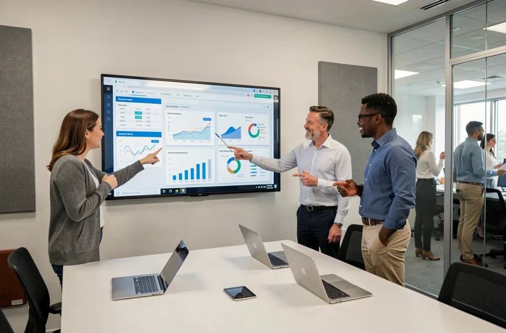 Équipe diversifiée collaborant autour d'un écran interactif lors d'une réunion de productivité numérique