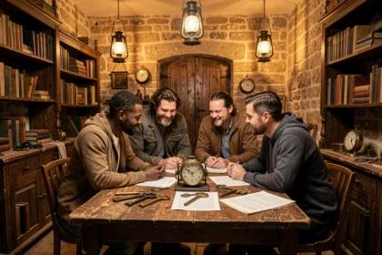 Groupe de joueurs concentrés autour d'une table d'énigmes dans un escape game en Provence-Alpes-Côte d'Azur