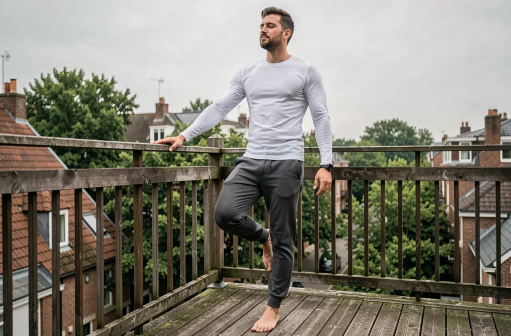 Homme s'étirant sur un balcon en bois au lever du matin avec vue sur un quartier résidentiel urbain