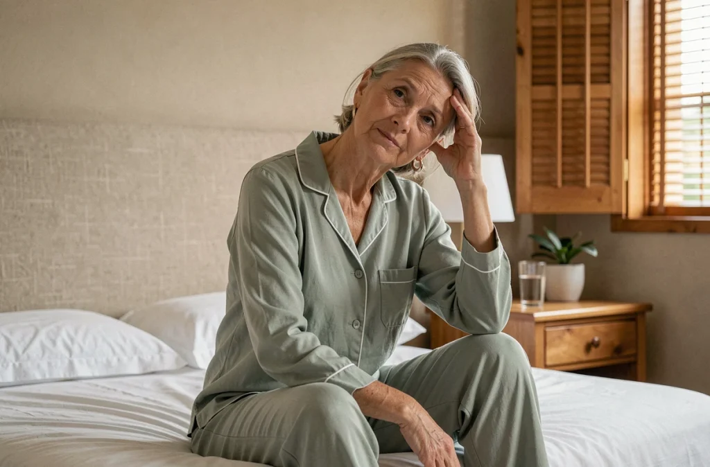 Femme senior réalisant des étirements doux du cou et des épaules assise sur son lit le matin
