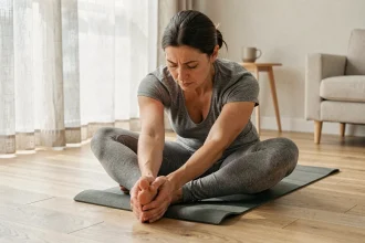 Femme pratiquant un étirement matinal assis sur un tapis de yoga en bois clair dans un salon minimaliste