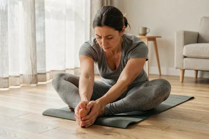 Femme pratiquant un étirement matinal assis sur un tapis de yoga en bois clair dans un salon minimaliste