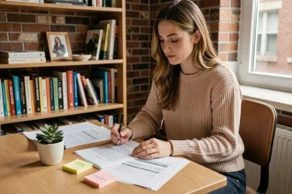 Jeune étudiante révisant un contrat de location dans son appartement étudiant, stylo en main