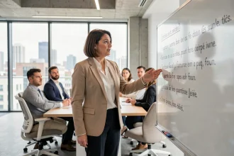 Femme d'affaires hésitant à utiliser une expression maladroite lors d'une réunion en entreprise