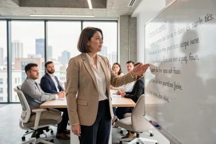 Femme d'affaires hésitant à utiliser une expression maladroite lors d'une réunion en entreprise