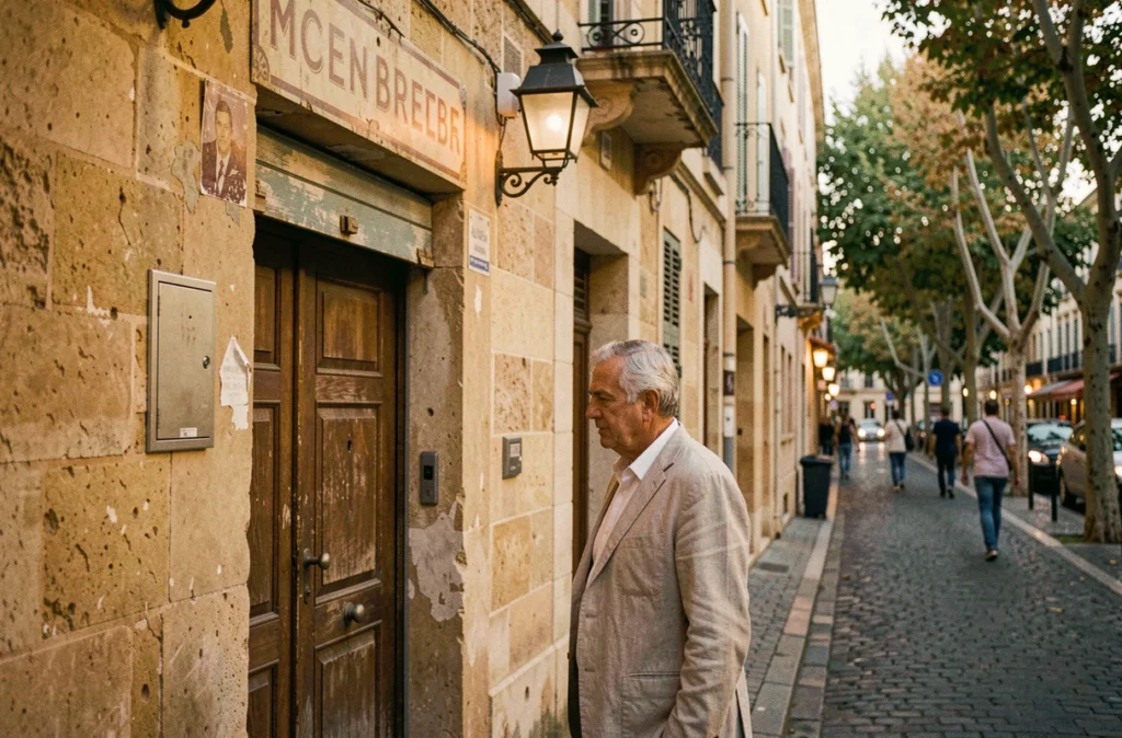 Façade d'une ancienne boîte de nuit du centre historique d'Aix-en-Provence sur une rue pavée avec un homme contemplant les vestiges du passé