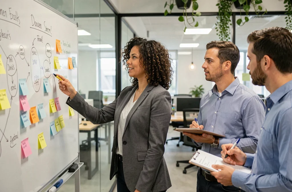 Manager facilitatrice présentant une stratégie participative sur un tableau blanc devant des collègues attentifs dans une salle de réunion moderne